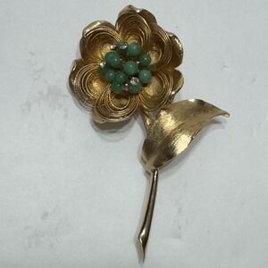 Vtg Large Schrager Brooch Rhinestone Large Stem Floral Flower Green Rhinestone